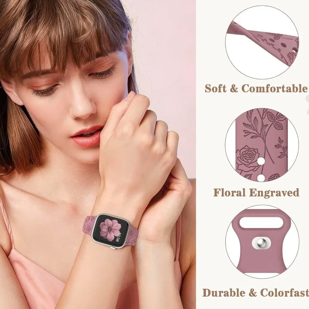 EOMTAM 6 Pack Floral Engraved Silicone Bands Compatible for Apple Watch